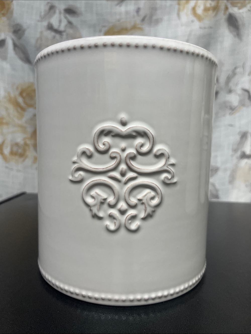 Sur La Table White Embossed Ceramic Utensil Jar